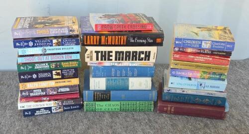 Large Lot 26 Western, Fiction, and Reference Books incl. Johnstone, L'Amour, Leatherbound