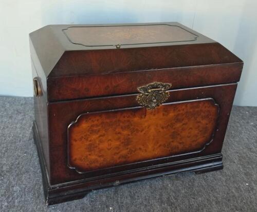 Victorian Style Marquetry Floral Wooden Chest, Brass Hardware, Velvet Lined