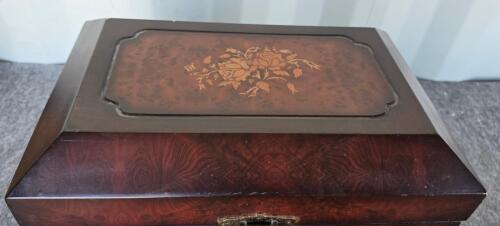 Victorian Style Marquetry Floral Wooden Chest, Brass Hardware, Velvet Lined - 3