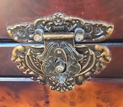 Victorian Style Marquetry Floral Wooden Chest, Brass Hardware, Velvet Lined - 4
