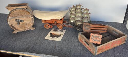 Antique Wooden Butter Churn, Covered Wagon Night Light, Pepsi Crate and 2 'Farmers Market' Crates, Spanish Frigate Ship Model 1780, Wooden Tall Ship Replica