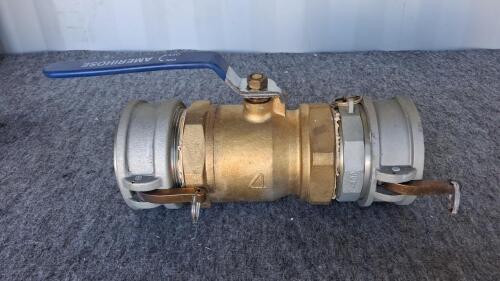 4" Brass Ball Valve 600 WOG with Aluminum Camlock Fittings and Dust Caps, Amerihose Handle