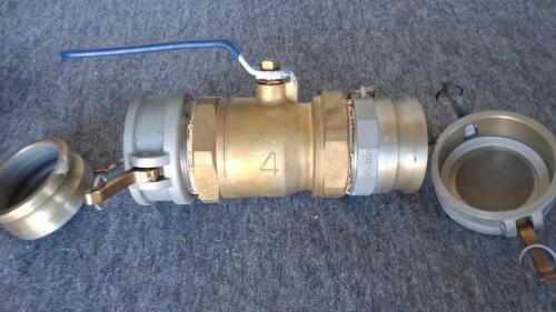 4" Brass Ball Valve 600 WOG with Aluminum Camlock Fittings and Dust Caps, Amerihose Handle - 3