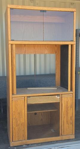 Traditional Oak Entertainment Center with Glass Cabinets and Internal Lighting