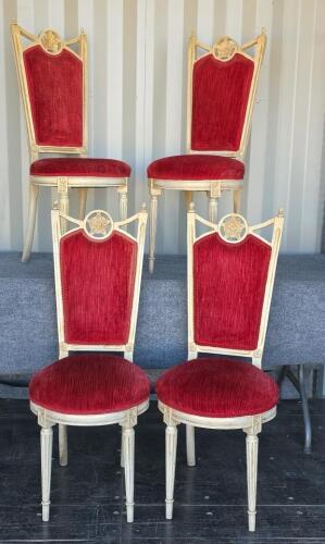 Set of 4 Louis XVI Style Dining Chairs with Red Upholstery and Carved Details