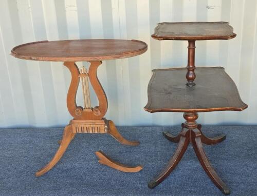 Vintage Mahogany Lyre-Harp Side Table & Two-Tier Parlor Table