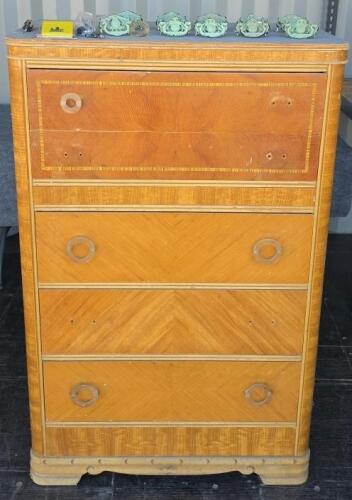 Vintage 5-Drawer Wooden Chest of Drawers with Chevron Veneer & Hardware Restoration Kit