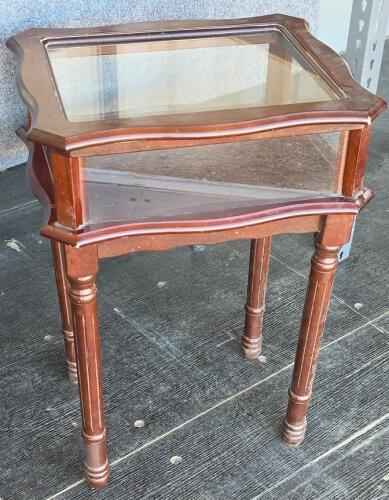 Vintage Wood & Glass Curio Display Table, Hinged Top, Mahogany Finish, 28&rdquo; Tall, 4 Legs