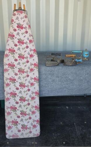 Vintage Wooden Ironing Board & Antique Irons Lot &ndash; Sad, Gasoline, Flat Iron, 1950s-1960s Era