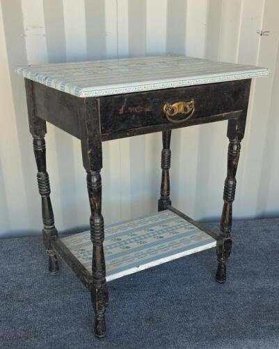 Antique Wooden Side Table with Drawer and Shelf, Distressed Black Finish, Early-Mid 20th Century
