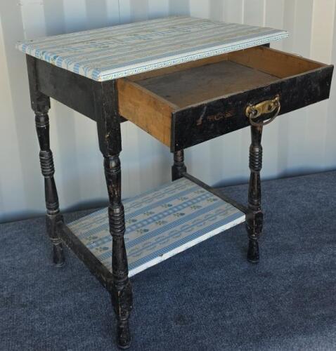 Antique Wooden Side Table with Drawer and Shelf, Distressed Black Finish, Early-Mid 20th Century - 2