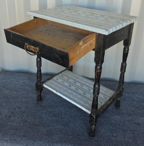 Antique Wooden Side Table with Drawer and Shelf, Distressed Black Finish, Early-Mid 20th Century - 3
