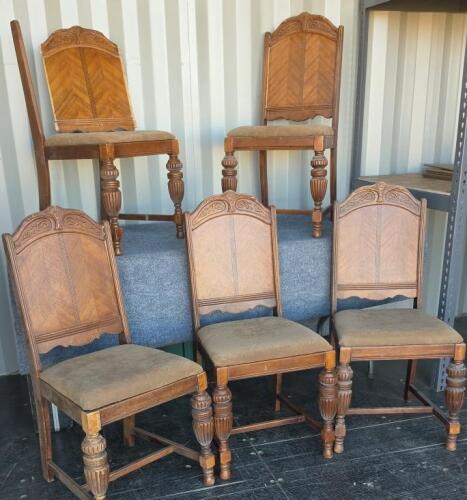 Antique Jacobean Revival Dining Chairs Set of 5, Carved Wood, Chevron Back, 1930s, Needs Repair