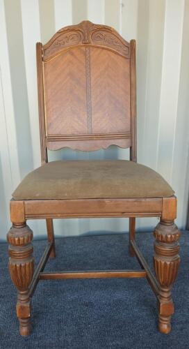 Antique Jacobean Revival Dining Chairs Set of 5, Carved Wood, Chevron Back, 1930s, Needs Repair - 2