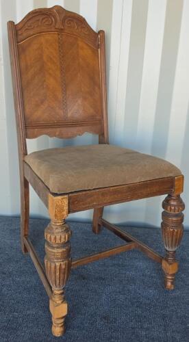 Antique Jacobean Revival Dining Chairs Set of 5, Carved Wood, Chevron Back, 1930s, Needs Repair - 7