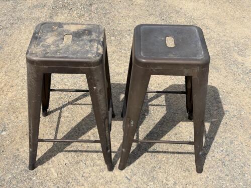 Pair of 24" Metal Bar Stools, Stackable, Dark Finish, Backless with Footrests, Indoor/Outdoor