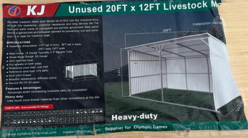 20FT x 12FT Livestock Metal Shed, Steel Frame, New in Crate - 2