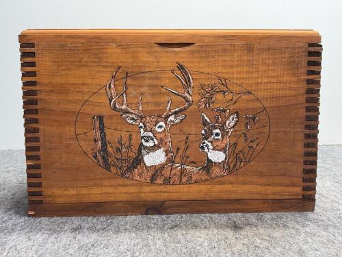 Decorative Wooden Storage Box W/ Rope Handles & Engraved Deer Artwork