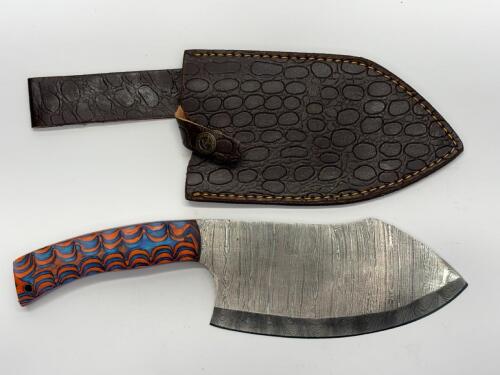 Custom Damascus Steel Cleaver,11.5",Patterned Orange-Blue Handle!
