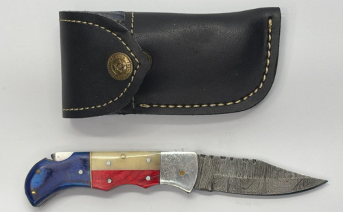 Damascus Folding Pocket Knife, Texas Flag Handle, 3.75in Blade, Lockback, Leather Sheath
