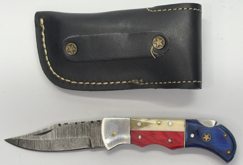 Damascus Folding Pocket Knife, Texas Flag Handle, 3.75in Blade, Lockback, Leather Sheath - 2