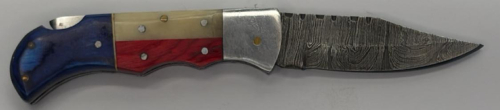 Damascus Folding Pocket Knife, Texas Flag Handle, 3.75in Blade, Lockback, Leather Sheath - 5