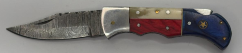 Damascus Folding Pocket Knife, Texas Flag Handle, 3.75in Blade, Lockback, Leather Sheath - 6