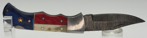 Damascus Folding Pocket Knife, Texas Flag Handle, 3.75in Blade, Lockback, Leather Sheath - 7