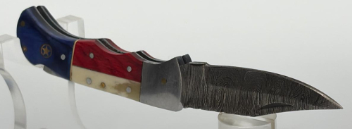 Damascus Folding Pocket Knife, Texas Flag Handle, 3.75in Blade, Lockback, Leather Sheath - 8