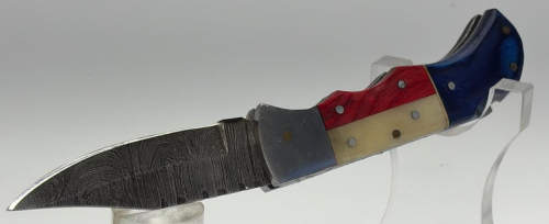 Damascus Folding Pocket Knife, Texas Flag Handle, 3.75in Blade, Lockback, Leather Sheath - 9