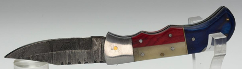 Damascus Folding Pocket Knife, Texas Flag Handle, 3.75in Blade, Lockback, Leather Sheath - 10
