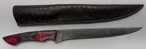 Fixed Blade Knife, 8" Blade, Patterned Wood Handle, Damascus Steel!