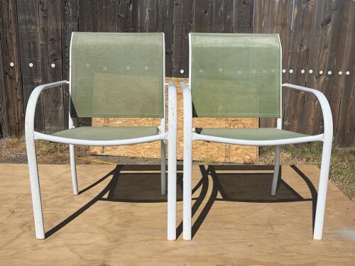 (2) Metal Outdoor Patio Chairs, White Frame, Green Mesh, Armrests