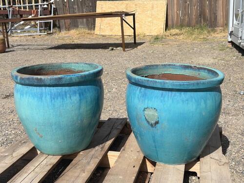 Pair of 24" Blue Glazed Ceramic Outdoor Planters with Drainage Holes