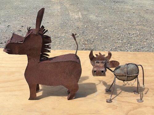 Whimsical Metal Donkey and Moose Garden Sculptures