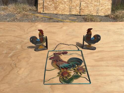 Colorful Cast Iron Rooster Bookends Pair & Metal Rooster Wall Hanging