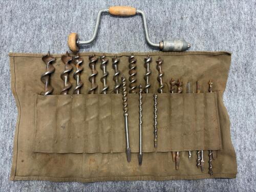 Hand Brace Drill W/ 15 Auger Bits, Steel and Wood, Vintage!