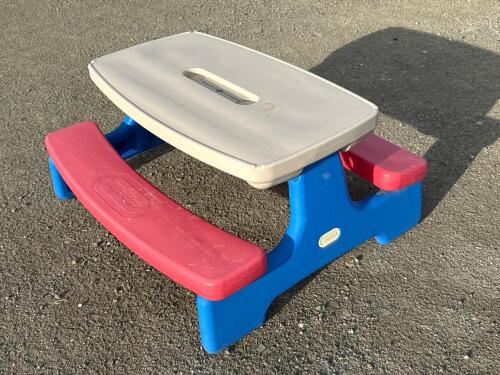 Little Tikes Easy Store Jr. Picnic Table, Seats 4, Red/Blue, Umbrella Slot, Ages 18mo-5yr