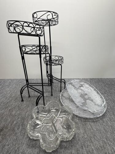 Black Metal Nesting Plant Stands & 3 Clear Pressed Glass Serving Platters/Trays
