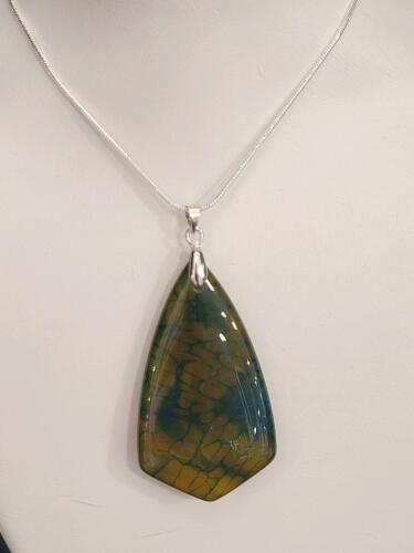 60.50ct Natural Brown/Green Dragon Vein Agate Sheild Pendant Necklace on .925 Chain