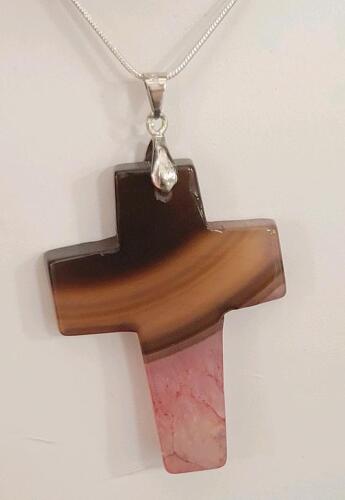 74.80ct Natural Rainbow Colors Agate Gemstone Cross Necklace on .925 Chain