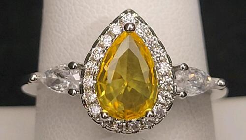 Amber Citrine Faceted Teardrop Cut Ring, Size 9