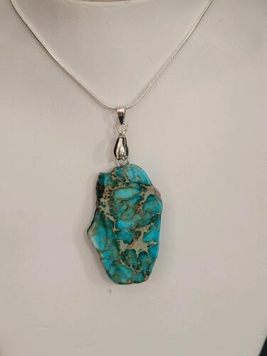 Blue Sea Sediment Jasper Free-form Slice Necklace on 24" Chain