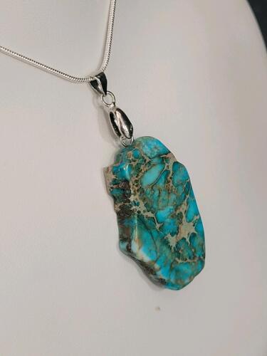 Blue Sea Sediment Jasper Free-form Slice Necklace on 24" Chain - 2