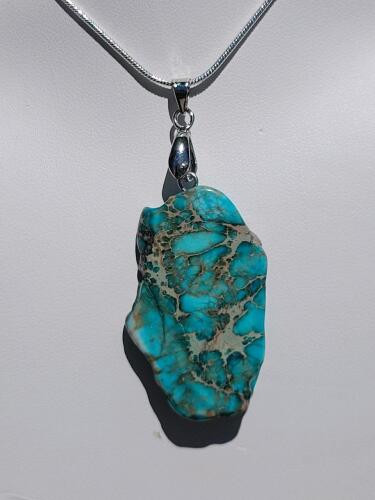 Blue Sea Sediment Jasper Free-form Slice Necklace on 24" Chain - 3