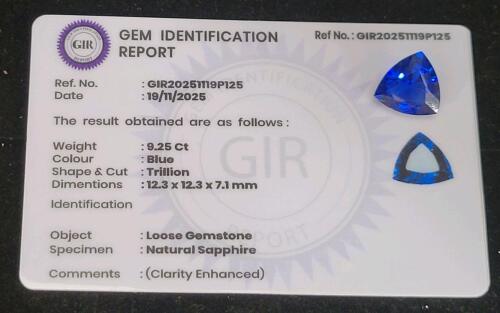 9.25ct Natural Blue Sapphire Faceted Trillion Cut Gemstone