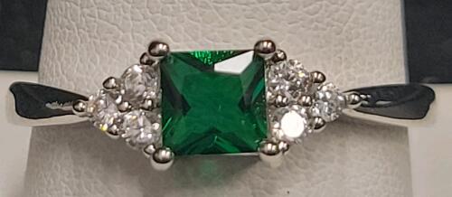 Green Emerald Faceted Square Cut .925 Ring, Size 10