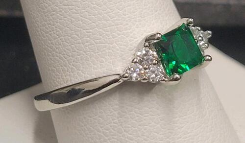 Green Emerald Faceted Square Cut .925 Ring, Size 10 - 2