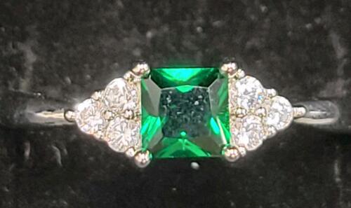Green Emerald Faceted Square Cut .925 Ring, Size 10 - 4