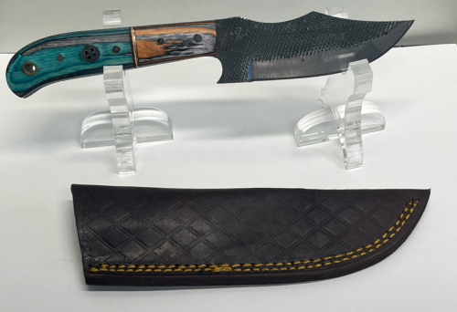 Custom Fixed Blade Knife With Patterned Blade & Leather Sheath